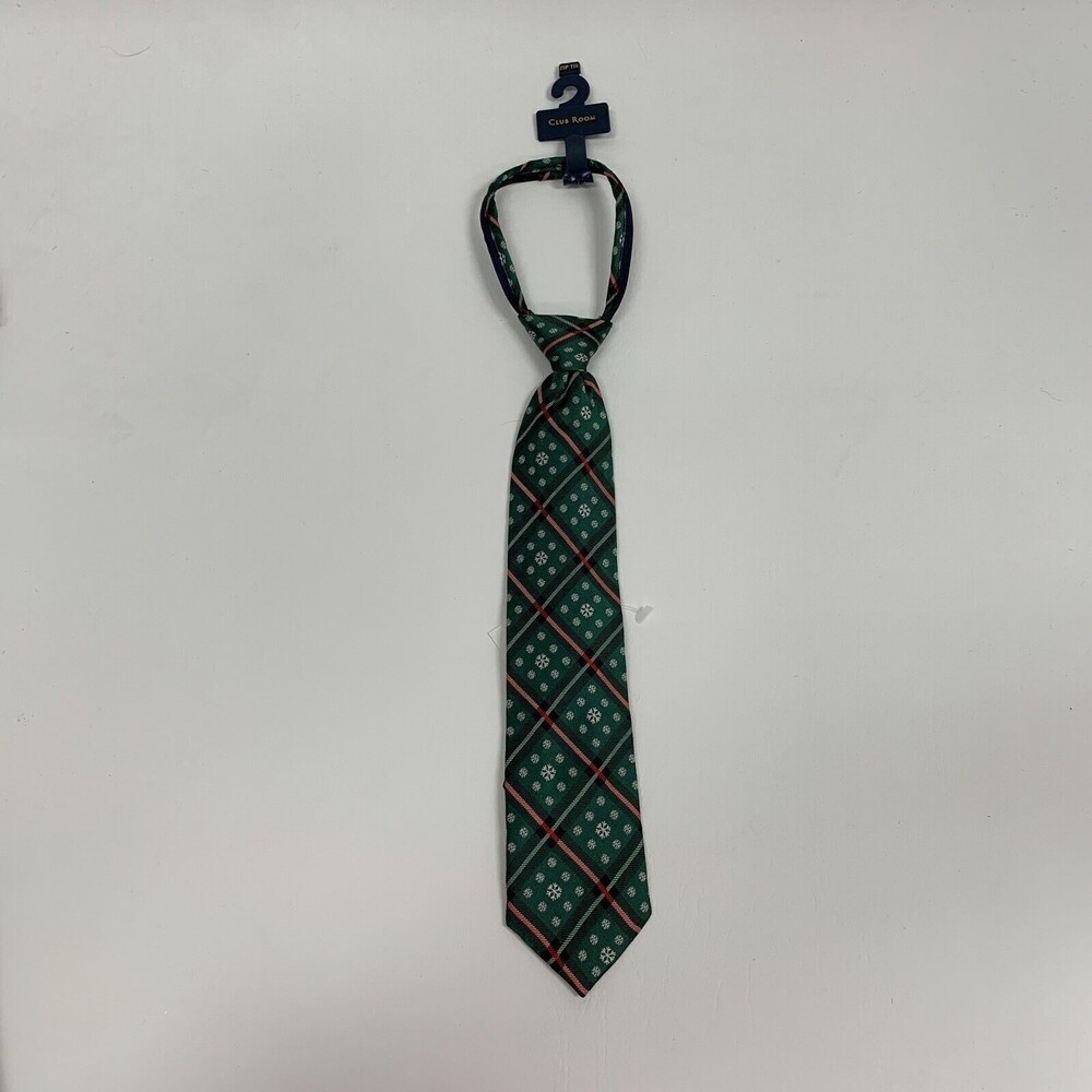 Club‎ Room Boys Zip Tie Green Red White Snowflakes 100% Imported Silk 14" NWT